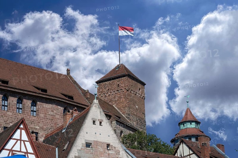 Waving flag of the Franks at Kaiserburg, Nuremberg, Middle Franconia, Bavaria, Germany