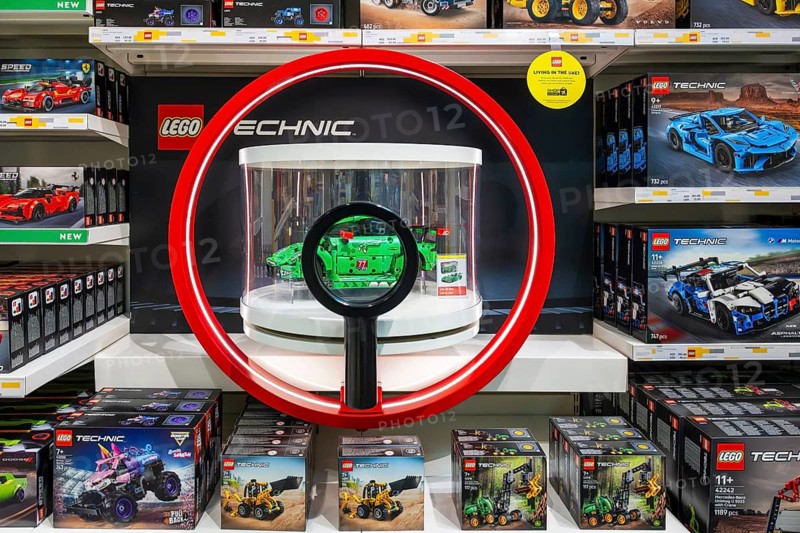 Lego Technic racing cars and excavators sales rack, Dubai, United Arab Emirates, UAE