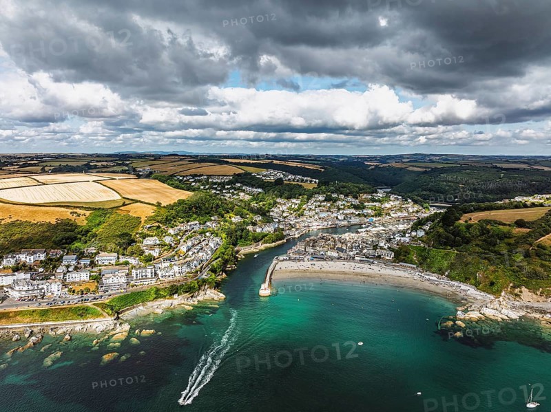 Beach and Cliffs over Looe Bay from a drone, Looe, River Looe, Cornwall, England, United Kingdom