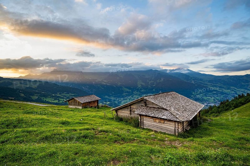 Alpine huts and alpine meadows, mountain landscape at sunset, Alpiglen, Grindelwald, Bernese Oberland, Switzerland