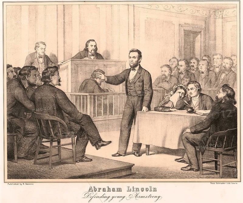 Abraham Lincoln defends Armstrong, referring to a famous murder trial from 1858 (born 12 February 1809 near Hodgenville, died 15 April 1865 in Washington, D.C.) served as the 16th President of the United States of America from 1861 to 1865. First elected in 1860, he was re-elected for a second term in 1864. He was the first president from the ranks of the Republican Party and the first to be assassinated. Abraham Lincoln defended William Duff Armstrong, the son of his old friend Jack Armstrong, against a charge of manslaughter in the death of James Preston Metzker. Lincoln won the case by using an almanac of the phases of the moon to prove that a witness for the prosecution had given false testimony, an authentic, digitally restored reproduction of a 19th-century original, exact date of the illustration unknown, historical