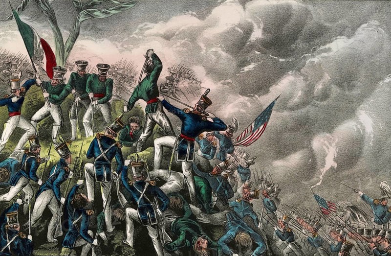Lithograph by Nathaniel Currier from 1847 depicting the Battle of Cerro Gordo on April 18, 1847 during the Mexican-American War. The storming of the fortified heights of Cerro Gordo by US troops under General Winfield Scott against the Mexican army under Antonio López de Santa Anna, American history, authentic, digitally restored reproduction from a 19th-century model, exact date of depiction unknown, historical