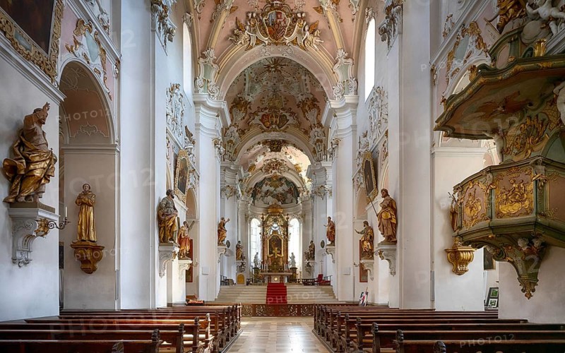 Interior view, nave, chancel, altar, pulpit, Protestant town church, Ellwangen (Jagst), Baden-Württemberg, Germany