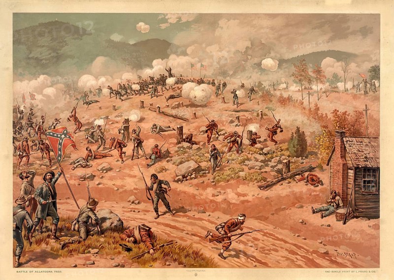Depiction of the Battle of Allatoona Pass (1887) . The battle took place on 5 October 1864 during the American Civil War in Bartow County, Georgia, and ended in a victory for Union forces. The illustration depicts the futile, fierce assault by Confederate troops on a fortified Union position at Allatoona Pass, American history, authentic, digitally restored reproduction of a 19th-century original, exact date of the illustration unknown, historical