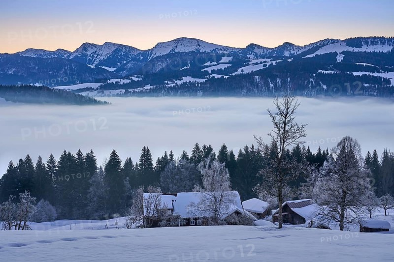 Moodx sunrise over the mountains of the Nagelfluh mountain chain in the Allgaeu Alps with Hochgrat summit, Oberstaufen, Bavaria, Germany