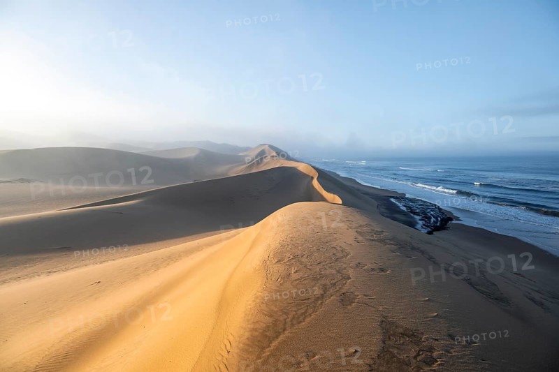 Sand dunes in morning light, view of Atlantic coast and sea, Sandwich Harbour, impressive desert landscape, Namib Naukluft Park, Namibia