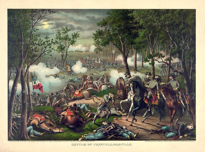 Color lithograph Battle of Chancellorsville from 1889, a battle scene from the Battle of Chancellorsville from May 1863 during the American Civil War. The battle in the US state of Virginia ended at the beginning of May 1863 with a tactical victory of the Confederates under General Robert E. Lee against the Union Army under Joseph Hooker, American history, authentic, digitally restored reproduction of a 19th-century model, exact date of presentation unknown, historical