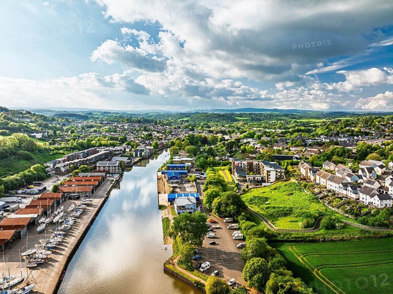 Totnes over River Dart from a drone, Devon, England, United Kingdom