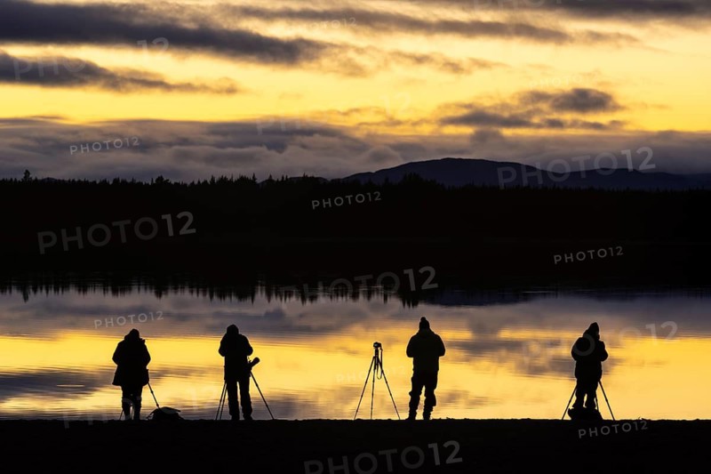 Nature photographers shoot a sunset on Loch Morlich in Scotland, Aviemore, Scotland, Great Britain