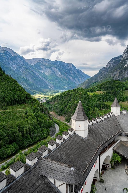 View from the castle of the Lueg Pass, Hohenwerfen Fortress, Werfen, Pongau, Salzburg state, Austria
