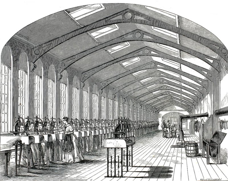 Historical illustration from 1859 shows the industrial production of metal springs in a factory. The scene depicts female workers sitting at machines and each carrying out a specific work step in manufacturing the springs, presumably the interior of the Gillott's Steel Pen Manufactory on Graham Street in Birmingham, England, authentic, high-resolution reproduction of a 19th-century original, exact date of depiction unknown, historical