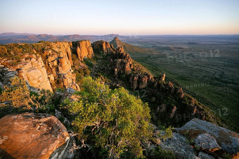 View of the Valley of Desolation at sunset, eroded rock needles from Dolorit, Camdeboo National Park, Graaff-Reinet, Eastern Cape, South Africa