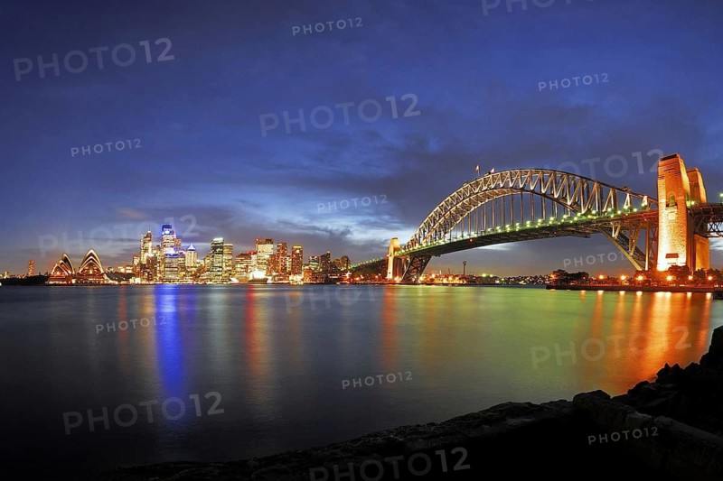 Sydney skyline with Sydney Opera and Harbour Bridge during blue hour, Sydney, New South Wales, Australia Sydney, New South Wales, Australia