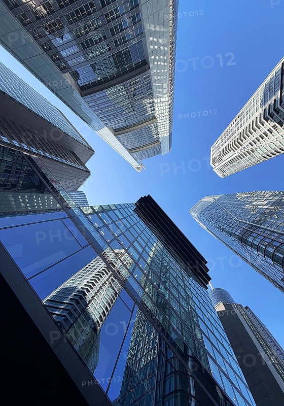 Frog's eye view of skyscrapers in the banking district, Four Frankfurt, Frankfurt am Main, Hesse, Germany