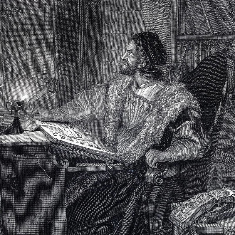Detail from the work of art Faust by Ludwig Schnorr von Carolsfeld, Johann Wolfgang von Goethe, Goethe's Faust, illustration, painting, drawing, romance, German art, literature, world literature, tragedy, Mephistopheles, scholar, Gretchen, pact with the devil, Dr. Faust, myth, symbolism, art history, 19th century, historicism, dramatic scene, figure composition, light and shadow, classical literature, German romanticism, book illustration, chamber, desk, historical illustration 1854