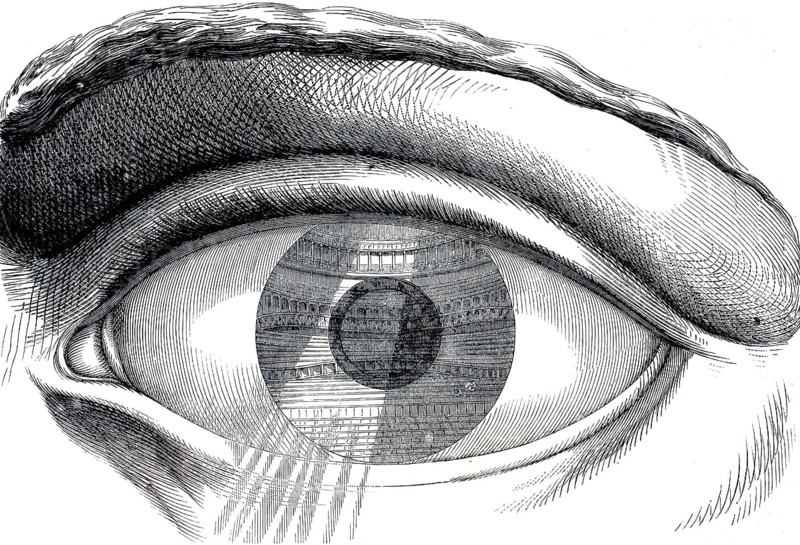 The drawing is by architect Claude Nicolas Ledoux and shows a view of the Besancon theatre. The graphic shows the interior of the Théâtre de Besançon designed by Ledoux, which is reflected without distortion in the pupil and iris of a huge human eye, authentic, high-resolution reproduction from a 19th-century model, exact date of presentation unknown, historical