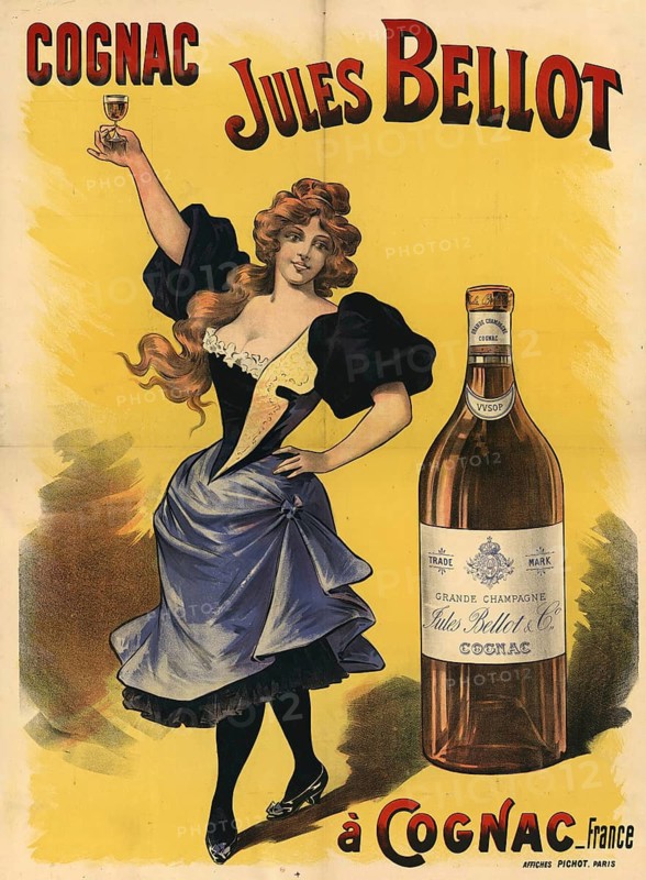 Advertising poster, beverage advertisement, advertising poster from 1899 for Cognac Jules Bellot. A smiling woman with reddish-brown hair up elegantly raises a glass filled with cognac. She is wearing a dress typical of the time with a wide blue skirt, a black bodice and expansive puffed sleeves, authentic reproduction of a historical advertising poster, advertising sign, in high resolution