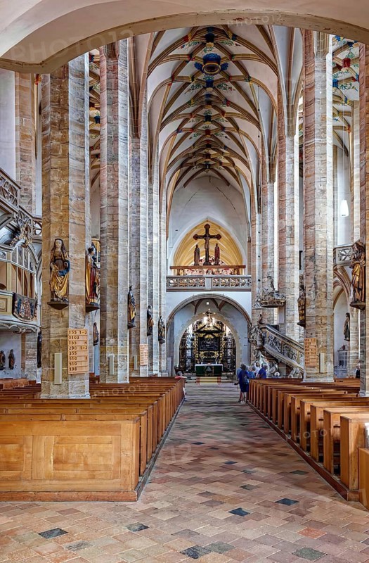 Nave, altar and triumphal cross group, tulip pulpit and miner's pulpit, Freiberger Dom St. Marien, religious building, interior, Silberweg interior, ore mining, silver mining, Margrave Otto the Rich, Wettiner, Freiberg, Saxony, Germany