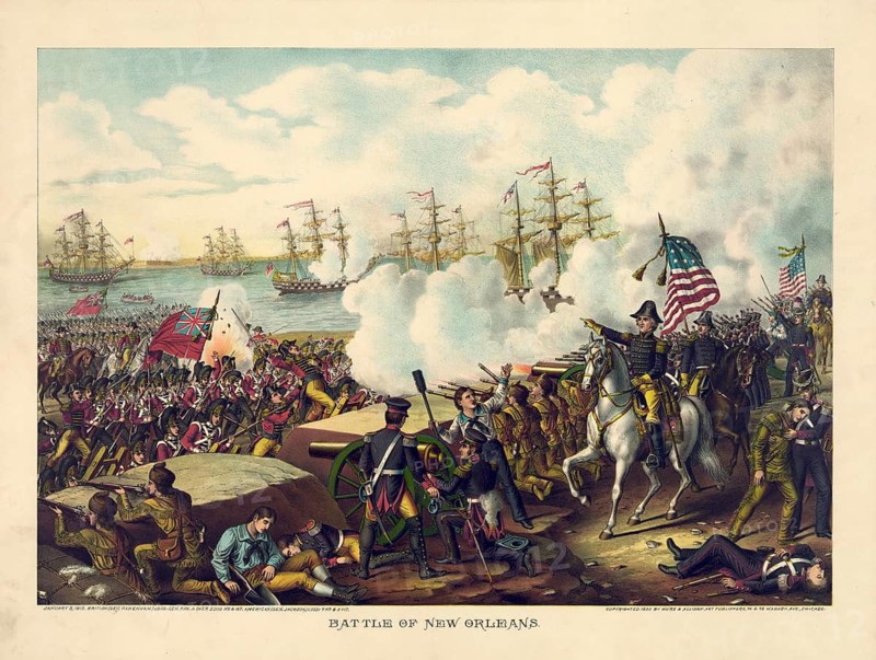 A lithograph of the Battle of New Orleans on 8 January 1815, published in 1890 by Kurz and Allison. The final major engagement of the War of 1812, in which US troops under Major General Andrew Jackson secured a decisive victory. General Andrew Jackson (later the 7th President of the United States) can be seen in the right-hand foreground on a white horse, leading the American defenders. British warships can be seen in the background, whilst in the foreground the fierce fighting at the American fortifications involving infantry and artillery is depicted. American history, authentic, digitally restored reproduction of a 19th-century original, exact date of the depiction unknown, historical