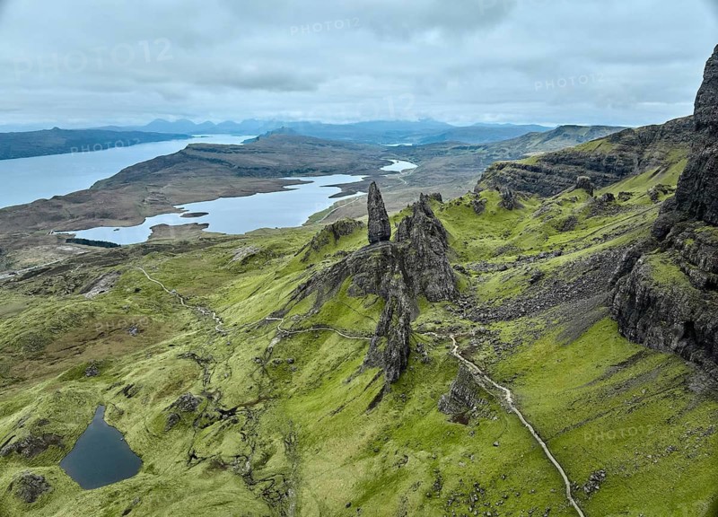 Aerial photo of the wild and rocky landscape at the Old man of Storr on the Isle of Skye, Scotland, UK