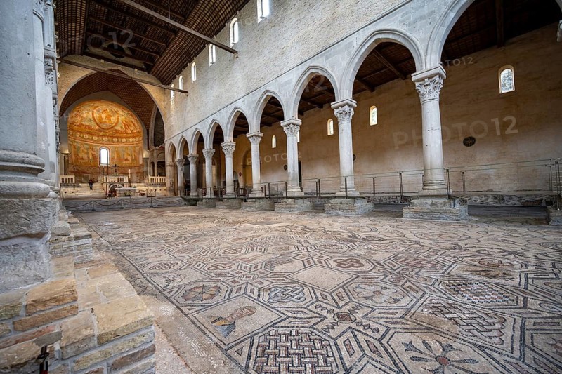 Basilica di Santa Maria Assunta, Basilica of Aquileia with historic floor mosaic in the main nave, UNESCO World Heritage Site, Aquileia, Friuli, Italy