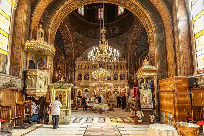 Interior of the Adormirea Maicii Domnului Orthodox Church or Assumption of Mary in Brasov or Kronstadt, Transylvania, Romania