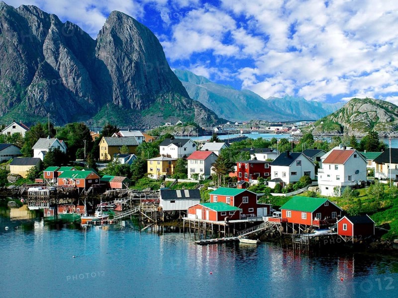 Geography, travel, Norway, Lofoten, town of Reine, view of mountain scenery with port of Reine