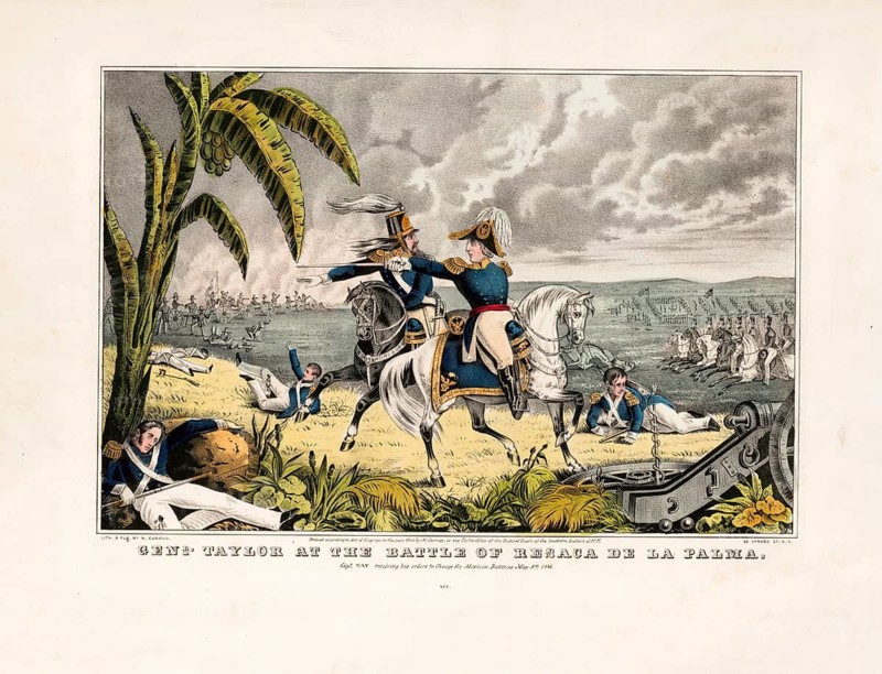 General Zachary Taylor and Captain Charles A. May taking orders to attack Mexican batteries during the Battle of Resaca de la Palma on May 9, 1846, American history, authentic, digitally restored reproduction in high resolution from a 19th-century original, exact date of presentation unknown, historical