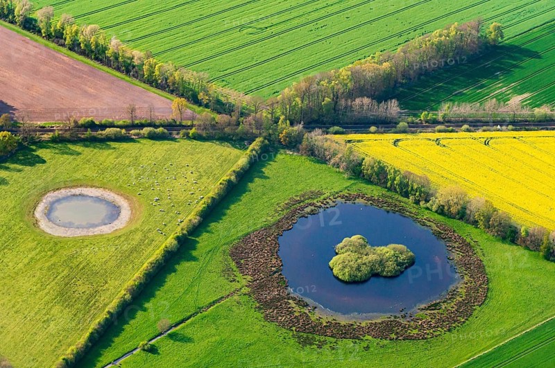 Aerial view of a Schlatt, with fields, hedges and pond in the district of Vechta, Oldenburger Münsterland, Goldenstedt, Lower Saxony, Germany