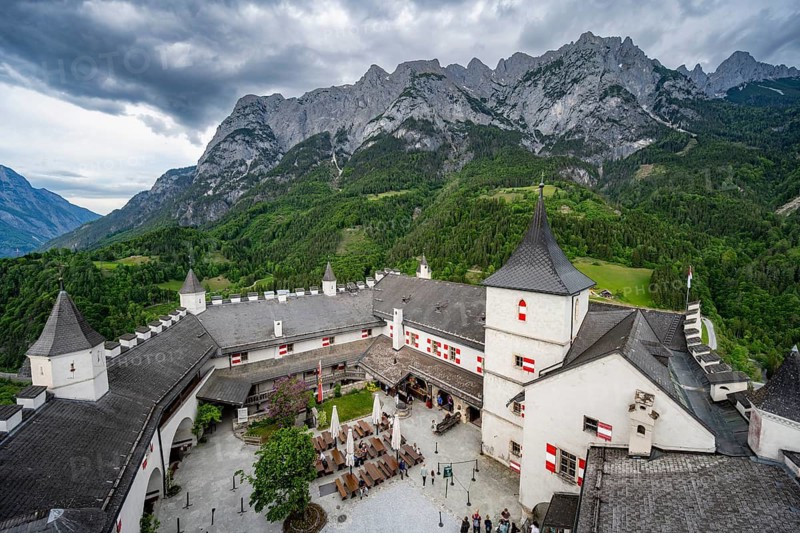Castle with courtyard, mountain peaks of the Tennengebirge Mountains at the back, Hohenwerfen Fortress, Pongau, Salzburg state, Austria