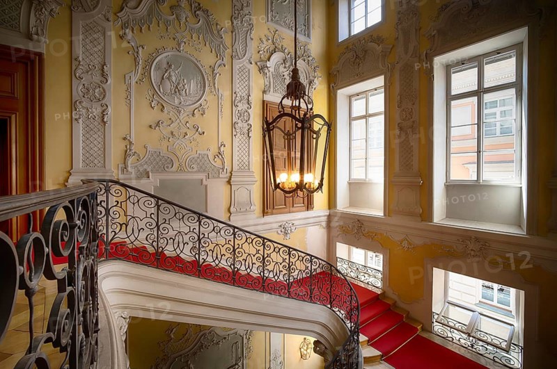 Interior view stairwell, stairway, staircase, Stadtpalais Palais Preysing, also Preysing Palace, Munich, Bavaria, Germany