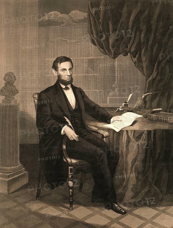 Abraham Lincoln signs the Emancipation Proclamation, abolishing slavery (1864), (born 12 February 1809 near Hodgenville, died 15 April 1865 in Washington, D.C.) served as the 16th President of the United States of America from 1861 to 1865. First elected in 1860, he was re-elected in 1864 for a second term. He was the first President from the ranks of the Republican Party and the first to be assassinated, an authentic, digitally restored reproduction of a 19th-century original, exact date of the image unknown, historical