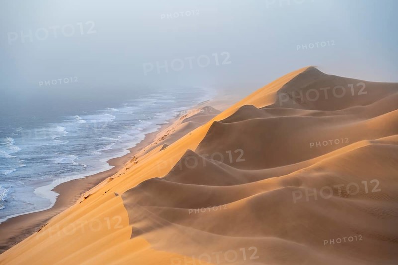 Sand dunes and sea in evening light, wind blowing sand across the dunes, view of the Atlantic coast from high sand dunes, impressive desert landscape at sunset, Sandwich Harbour, Namib Naukluft Park, Namibia