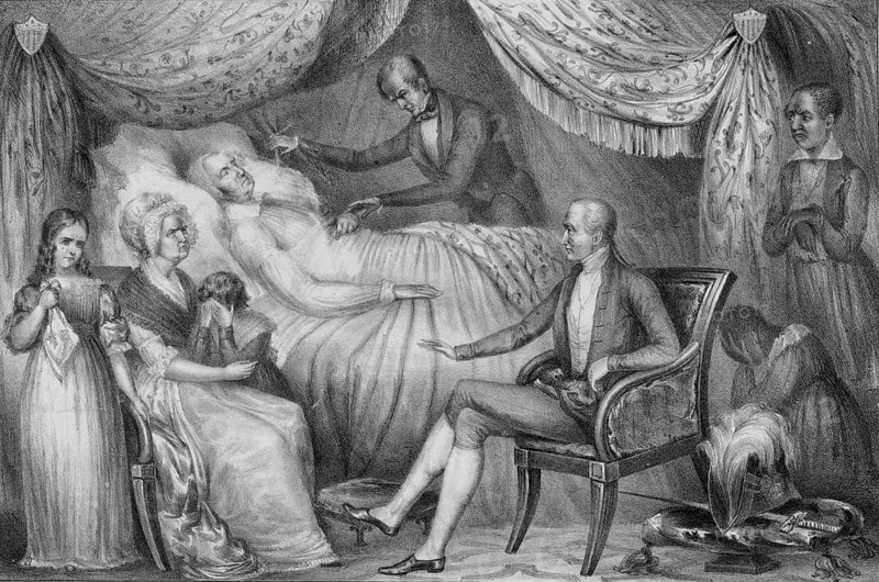 The moment of George Washington's death at his country estate, Mount Vernon, on 14 December 1799. Among those gathered around Washington on his deathbed are his woman Martha Washington (Lady Washington), his grandchildren, his family doctor Dr James Craik, and loyal household staff. George Washington died following a severe throat infection, presumably acute laryngitis or epiglottitis. American history, authentic, digitally restored high-resolution reproduction from a 19th-century original, exact date of the depiction unknown, historical