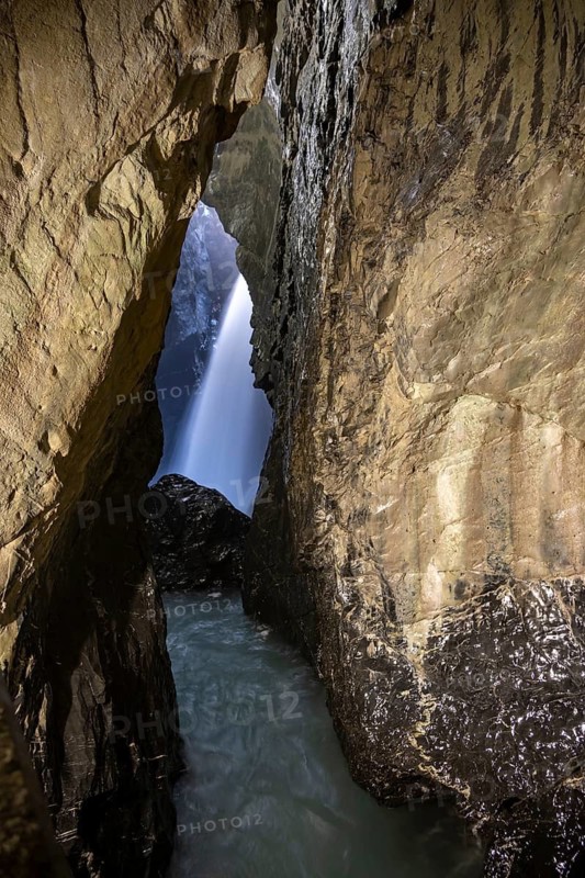 Waterfall in a rocky gorge of Trümmelbach, Trümmelbach Falls, long time exposure, Lauterbrunnen, Bernese Oberland, Switzerland