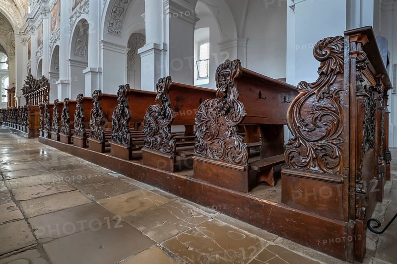 Decoratively carved cheeks of church pews, Baumgartenberg Abbey and Parish Church, Gothic architecture, baroqued by Carlo Antonio Carlone from 1684 to 1718, Baumgartenberg, Upper Austria