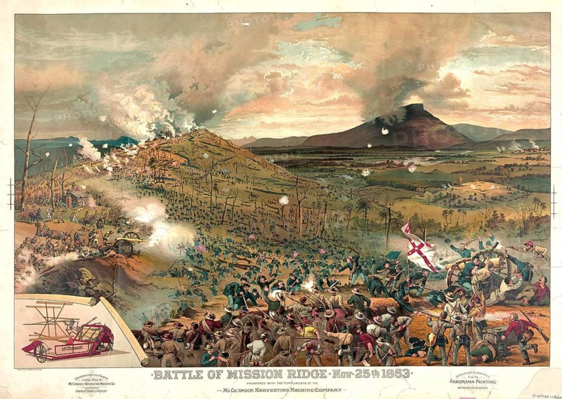Color lithograph depicts the attack by Union troops during the Battle of Missionary Ridge on November 25, 1863 in the American Civil War. The work was published by Cosack & Co. in 1886 and distributed as a giveaway from the McCormick Harvesting Machine Company. The battle was part of the Chattanooga campaign in Tennessee, during which Union forces under General Ulysses S. Grant took Confederate positions on the Ridge. A McCormick mower is shown at the bottom left, as the print served as an advertising supplement for agricultural machinery, American history, authentic, digitally restored reproduction from a 19th century original, exact date of presentation unknown, historical