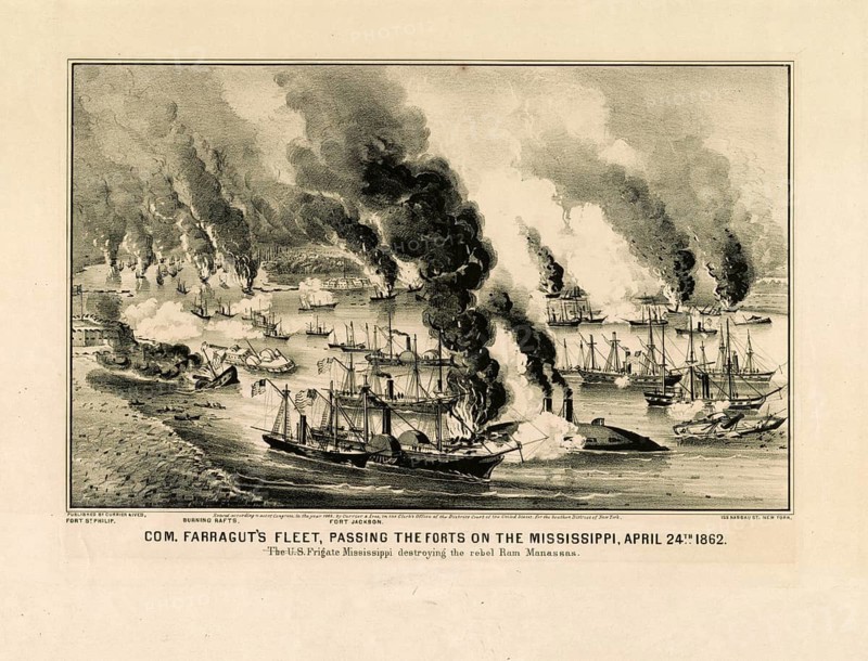 This historic print by Currier & Ives from 1862 shows the squadron of Commodore David G. Farragut breaking through the night at Confederate Forts Jackson and St. Philip on the Mississippi on April 24, 1862. In the foreground, the USS Mississippi destroys the Confederate armored ship Manassas, while burning fire rafts and the fortifications can be seen in the background, authentic, digitally restored reproduction in high resolution of a original from the 19th century, exact date of depiction unknown, American History, Historic
