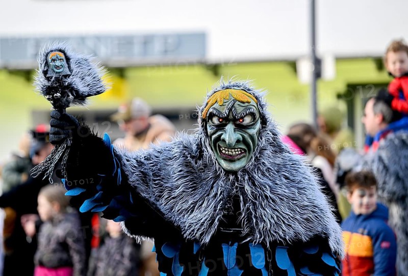 Member of a fools' guild in traditional Haes, fools' clothes, during the carnival procession in Achern, Ortenaukreis, Baden-Württemberg, Germany