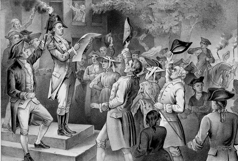 Lieutenant Colonel Tench Tilghman announcing the news of Lord Cornwallis's surrender from the steps of Independence Hall in Philadelphia at midnight on October 23, 1781. Announcement of victory at Yorktown and the capture of British troops in the American Revolutionary War, American history, authentic, digitally restored reproduction in high resolution from a 19th century original, exact date of depiction unknown, historical