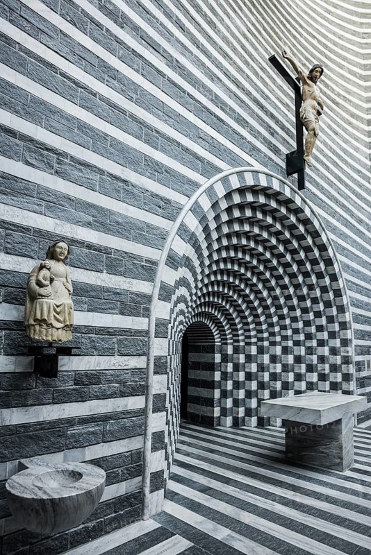 Interior view, modern chapel, San Giovanni Battista, architect Mario Botta, Mogno, Maggia Valley, Valle Maggia, Canton of Tessin, Switzerland