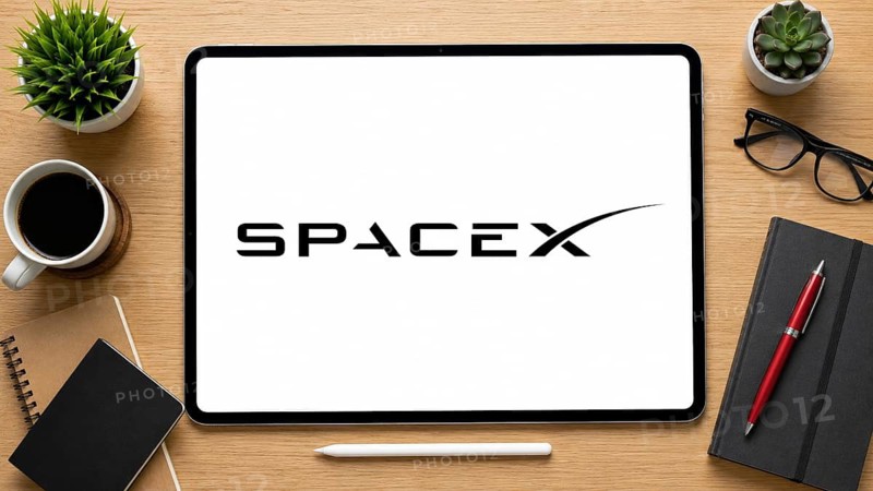 In this photo illustration, an iPad displays the Spacex logo on a minimalist wooden office desk, in Delhi, India on 14 August 2026
