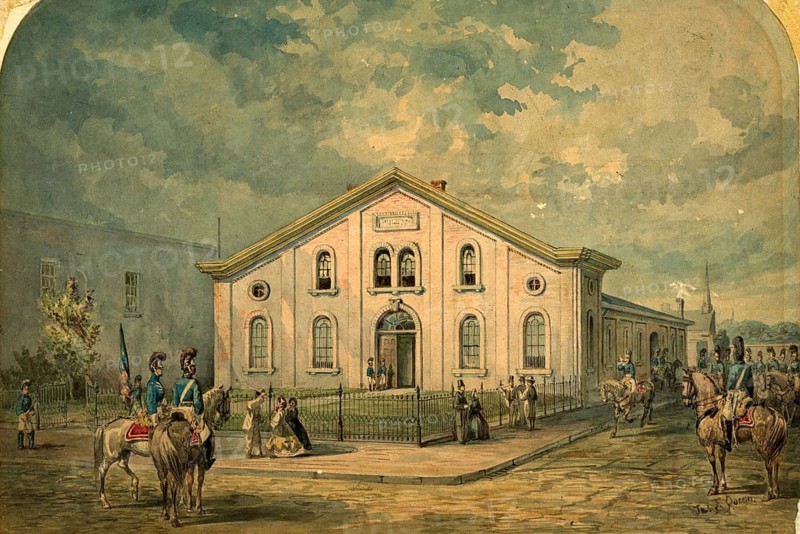 Armoury of the First City Troop, the armoury of the First Troop, Philadelphia City Cavalry. This famous and time-honoured cavalry unit of the US Militia from Philadelphia (Pennsylvania) accompanied, amongst others, George Washington and numerous other US Presidents, American history, an authentic, digitally restored reproduction based on a 19th-century original, exact date of the depiction unknown, historical