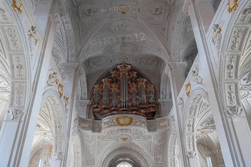 Organ gallery of the court church of Our Lady, the organ is a baroque replica from 1968, the church is a late Renaissance building, built 1607 to 1608, Karlsplatz, Neuburg an der Donau, Upper Bavaria, Germany
