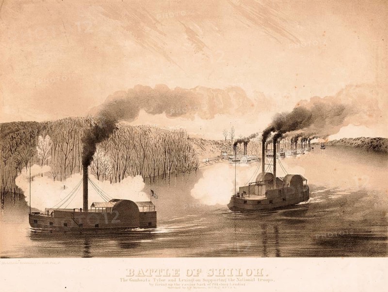 Lithograph of the Union gunboats USS Tyler and USS Lexington supporting troops during the American Civil War near the Battle of Shiloh. Ships depicted: the wooden paddle-steamer gunboats Tyler (left) and Lexington (right) on the Tennessee River. In the spring of 1862, the boats protected Union troop transports and fired upon the riverbank near Pittsburg Landing (Battle of Shiloh) in support of the Union forces, American history, authentic, digitally restored reproduction of a 19th-century original, exact date of the depiction unknown, historical