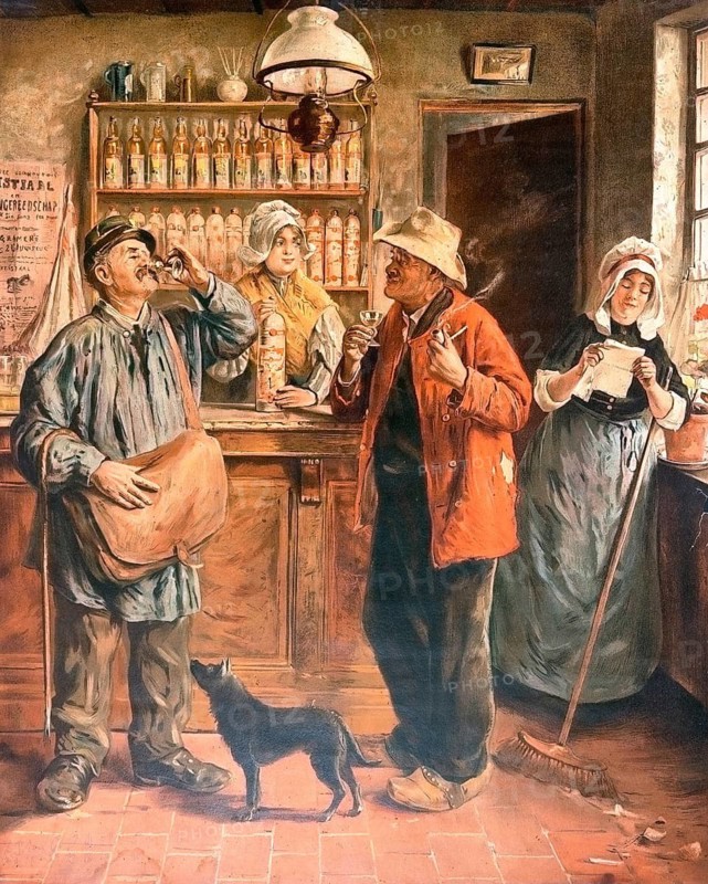 Advertising poster, beverage advertisement, Vieux Système't Wit Stoopke advertising poster, 1907, by Ernest Godfrinon. A scene in a Belgian tavern with farmers drinking and smoking jenever. genre painting, which often focuses on rural life and the consumption of alcohol, authentic reproduction of a historical advertising poster, advertising sign, in high resolution, historical