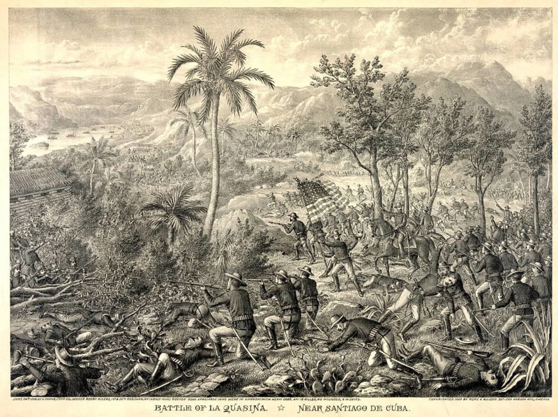 A lithograph by Kurz & Allison from 1898 depicts the Battle of Las Guasimas on 24 June 1898 during the Spanish–American War, near Santiago de Cuba. An early skirmish of the Spanish–American War, in which US troops (including the Rough Riders under Colonel Theodore Roosevelt) encountered Spanish positions. The image depicts American soldiers advancing with the US flag across Cuban terrain featuring palm trees and wooded hills, American history, authentic, digitally restored reproduction of a 19th-century original, exact date of the depiction unknown, historical