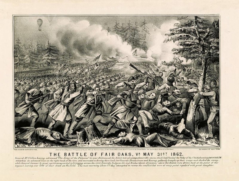 Illustration of the Battle of Fair Oaks, also known as the Battle of Seven Pines, which took place on 31 May 1862 in Virginia during the American Civil War. The illustration depicts a fierce close-quarters battle between the troops of the Northern States (the Union) and the Southern States (the Confederates) in the midst of a wooded area. The accompanying text beneath the image describes how the troops under Generals Heintzelman, Kearney, Sedgwick and Richardson repelled the enemy's attack with bayonets. A tethered balloon can be seen in the top left-hand corner of the background. These balloons were used for aerial reconnaissance during the Civil War to observe troop movements, American history, authentic, digitally restored reproduction of a 19th-century original, exact date of the depiction unknown, historical
