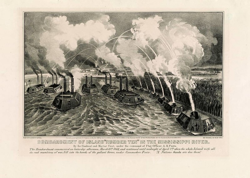 The shelling of Island Number Ten (Island No. 10) by the US river gunboat and mortar fleet during the American Civil War in 1862. In the foreground are heavily armoured river gunboats, ironclads and mortar boats, which are aiming their guns at enemy positions on the bank and on the island in the Mississippi, an authentic, digitally restored high-resolution reproduction of a 19th-century original, exact date of the depiction unknown, American history, historical