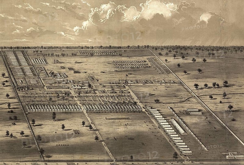 A bird's-eye view of Camp Chase near Columbus, Ohio, from the 1860s. During the American Civil War (1861–1865), the camp initially served as a training centre for recruits and Union troops, and later as a large prisoner-of-war camp for Confederate soldiers, an authentic, high-resolution, digitally restored reproduction of a 19th-century original, exact date of the depiction unknown, American history, historical
